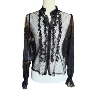 Hyfve Black Sheer Ruffle Polka Dot Mesh Blouse Women’s Small